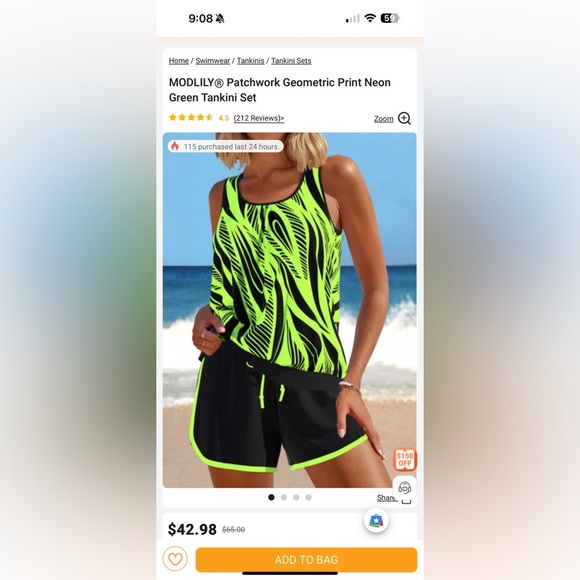 Modlily Brand New Size Medium Bathing Suit Set: Neon Green Patchwork Tankini Set - Picture 10 of 10